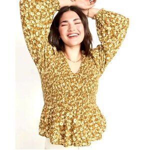 Smocked Long-Sleeve V-Neck Blouse Size L New with Tag